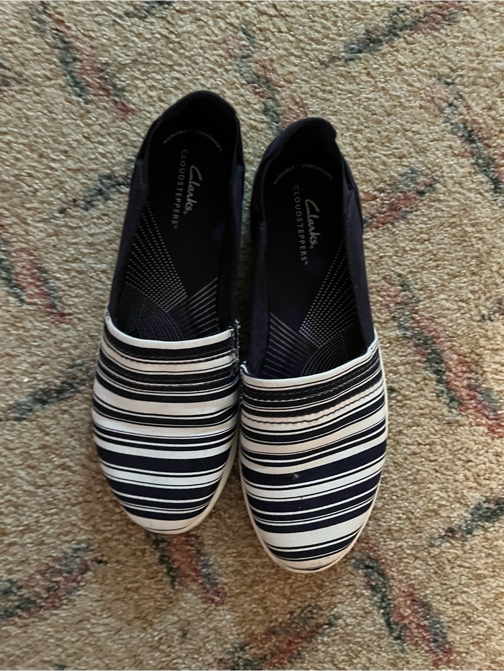 Clarks Navy and White Striped Slip-On Flats